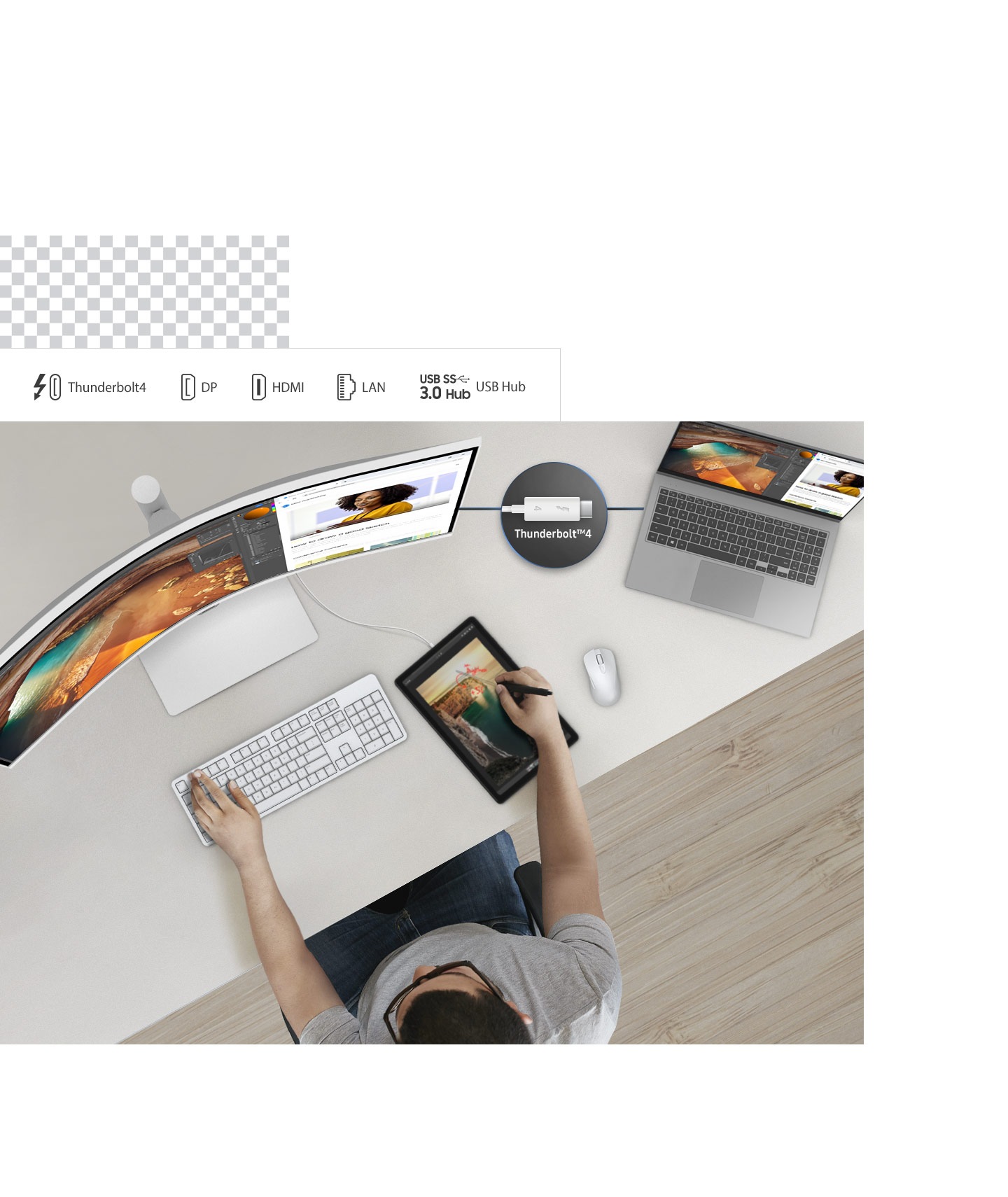 Ein Mann benutzt einen Monitor, der mit einem Laptop und verschiedenen anderen Geräten verbunden ist. Es gibt auch einige Symbole, die Thunderbolt 4, DP, HDMI, LAN Port und USB SS 3.0 Hub darstellen.