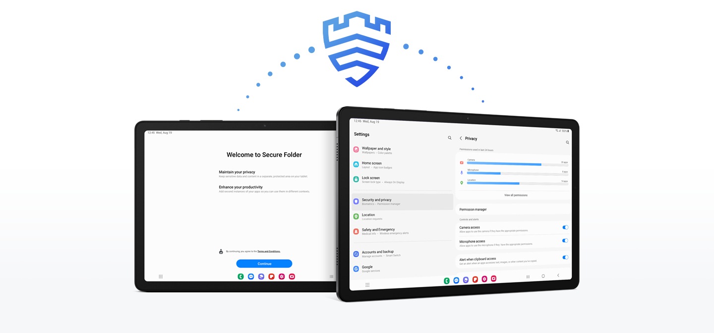 Zu sehen sind zwei Galaxy Tab A9 Plus Geräte. Das Galaxy Tab A9 Plus auf der rechten Seite ist leicht gekippt. Das Galaxy Tab A9 Plus auf der linken Seite zeigt das Fenster "Secure Folder" und das Galaxy Tab A9 Plus auf der rechten Seite das Fenster "Privacy Dashboard" an. Über den Geräten befindet sich eine gepunktete Linie, die die Geräte miteinander verbindet, mit einem Schildsymbol in der Mitte, das die Sicherheitsfunktionen anzeigt.