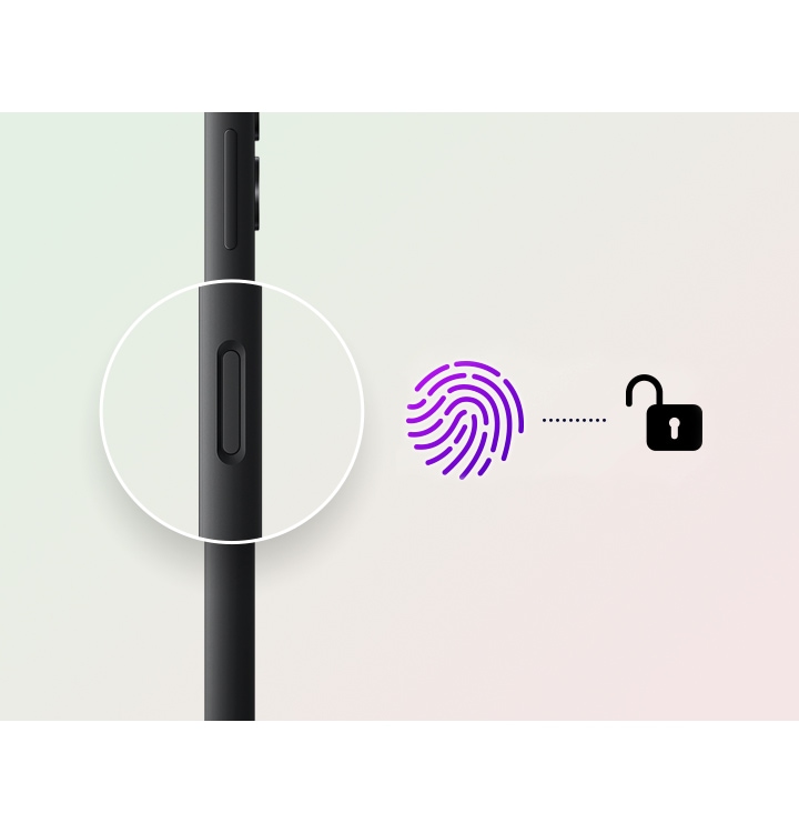 Zu sehen ist ein seitliches Profil des Galaxy A05s, wobei der Fingerabdrucksensor vergrößert dargestellt ist. Direkt neben dem Sensor werden ein Fingerabdruck-Symbol und ein Entsperr-Symbol mit einer kurzen gepunkteten Linie dazwischen angezeigt.