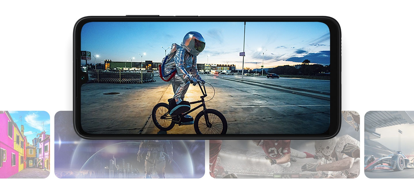 Das Galaxy A05s im Querformat zeigt eine Person, die auf einem weitläufigen, leeren Parkplatz in einem Astronautenkostüm Stunts auf einem BMX-Fahrrad macht. Hinter und unter dem Galaxy A05s befinden sich zahlreiche durchscheinende Bilder, die Landschaftsfotos, Sci-Fi-Animationen, Fußball und Autorennen zeigen.