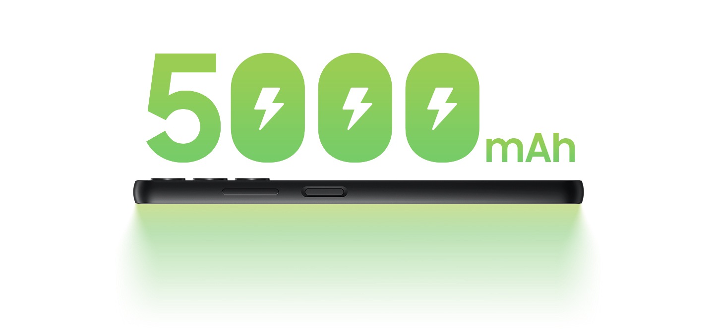 " Dargestellt ist eine horizontale Seitenansicht des Galaxy A05s mit der Aufschrift „5000 mAh“ darüber in großen, grünen Buchstaben."