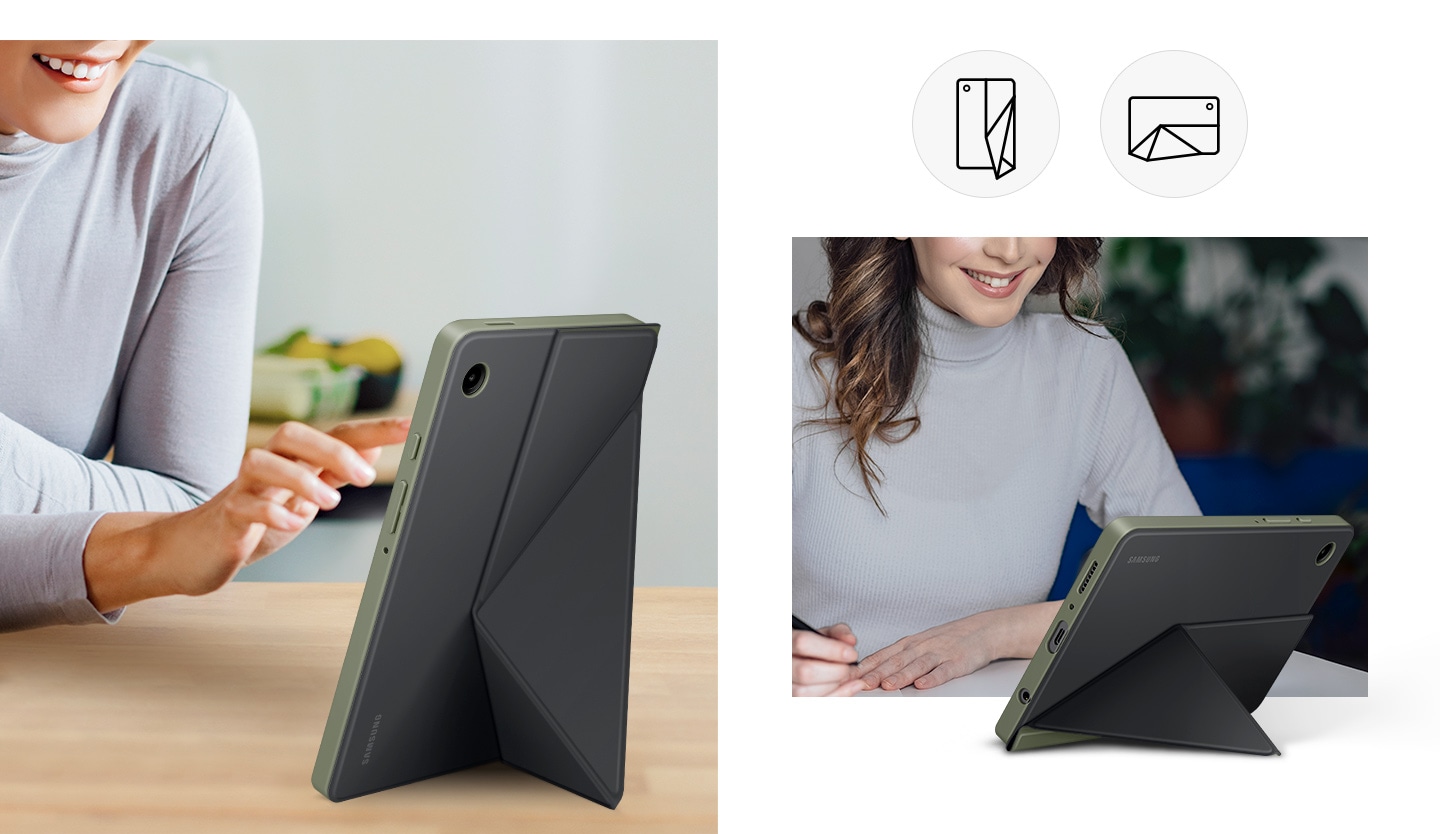 Eine Frau bei der Nutzung des Galaxy Tab A9 mit Book Cover im Hochformat mit einem faltbaren Ständer. Ein weiteres Bild zeigt sie mit dem Gerät im horizontalen Winkel, der Ständer ist im Querformat eingeklappt.
