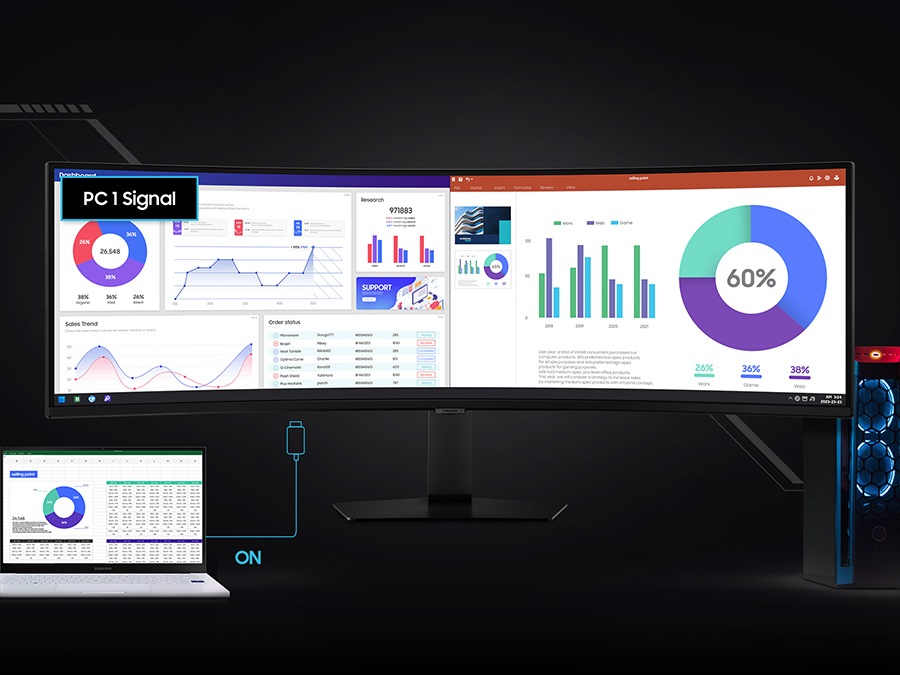 Ein Odyssey-Monitor wird zusammen mit einem Laptop und einem PC gezeigt, wobei das Kabel des Laptops an den Monitor angeschlossen ist und links oben auf dem Bildschirm PC 1 Signal angezeigt wird.