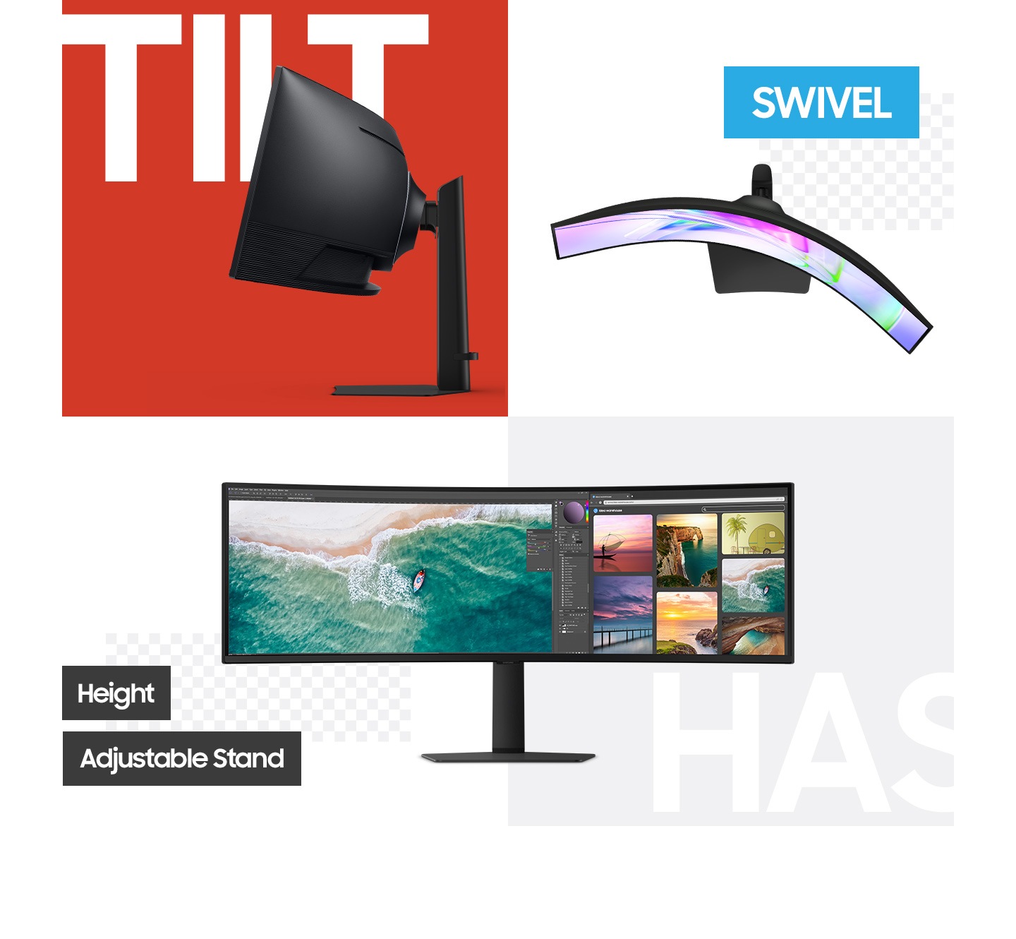 Es gibt einen Monitor, der geneigt wird, und daneben ist ein weiterer Monitor, der geschwenkt werden kann. An der Unterseite der beiden Monitore befindet sich ein weiterer Monitor, der sich auf und ab bewegt. Er ist mit der Aufschrift Höhenverstellbarer Standfuß versehen.