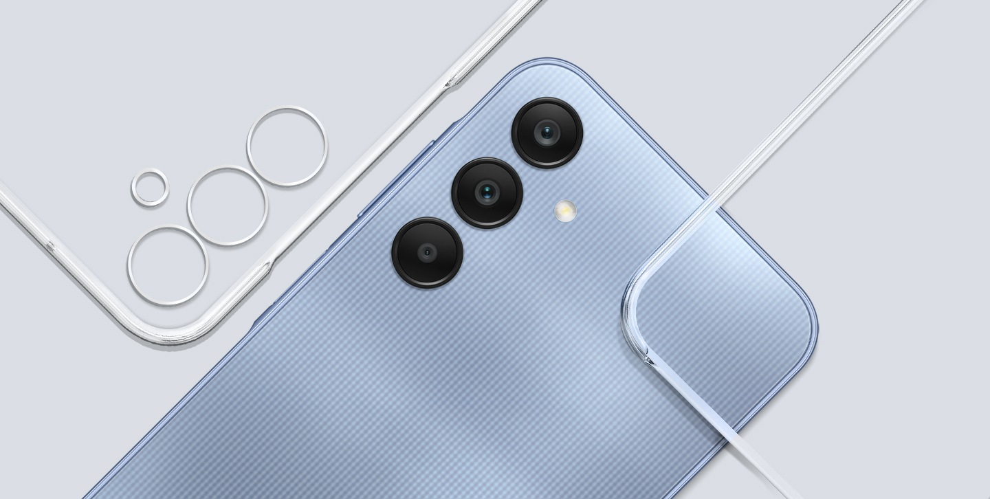 A Blue Galaxy A25 5G device showing its back is surrounded by two Clear Cases to its left and right