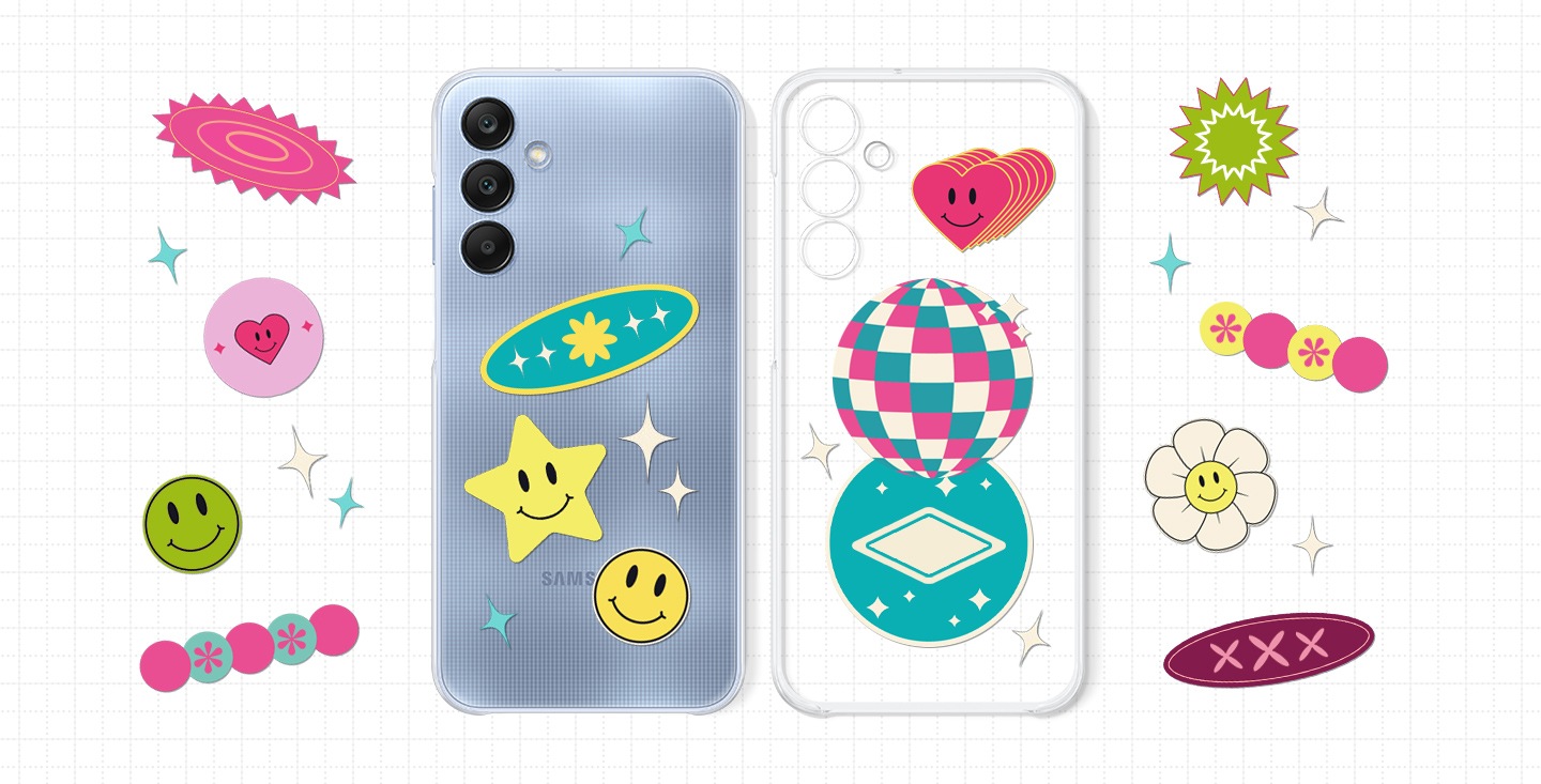 A Blue Galaxy A25 5G device wearing a Clear Case and another Clear Case are surrounded and decorated by various stickers