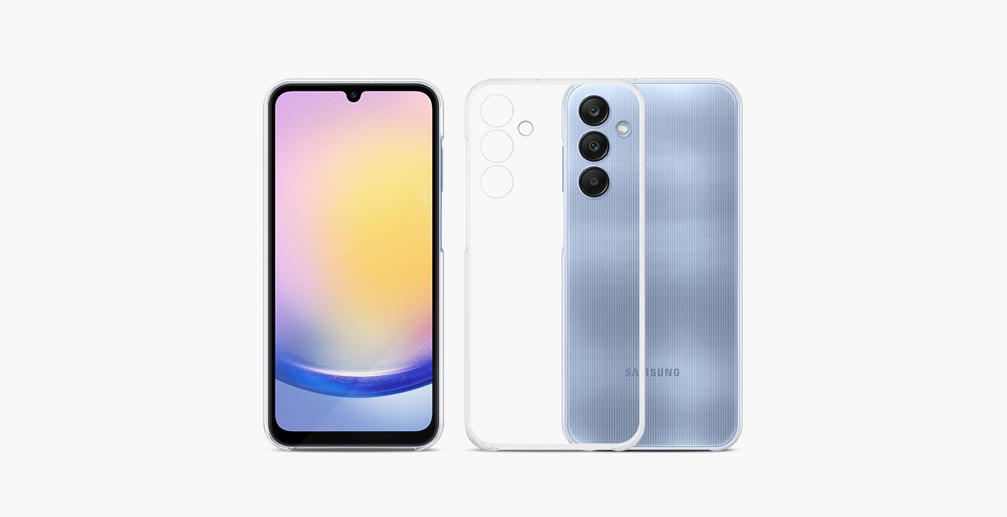 Two Blue Galaxy A25 5G devices are seen One with the Clear Case installed is seen from the front and the screen shows a colorful graphic The other one is seen from the rear A Clear Case is placed in front of the Galaxy A25 5G devices rear view highlighting the transparent design of the case