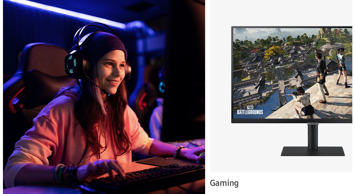 Der Monitorbildschirm mit einer Frau, die ein PC-Spiel spielt, und dem laufenden PUBG-Spiel Battleground wird geteilt gezeigt. Darunter erscheint der Schriftzug Gaming.
