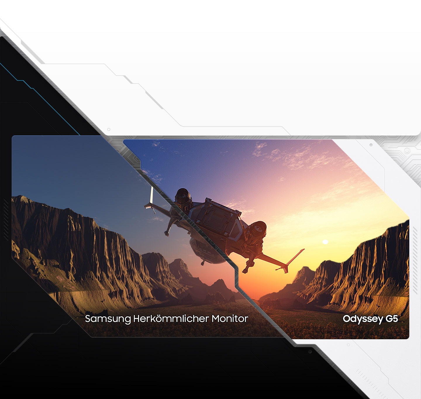 Der Monitor ist in zwei Teile geteilt, um den Unterschied zwischen dem normalen Farbbereich eines herkömmlichen Samsung-Monitors und dem hohen Kontrast des Odyssey G5 zu verdeutlichen, der für lebendigere und auffälligere Details sorgt.