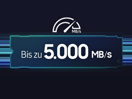 Der Satz Bis zu 5.000 MB/s steht auf einem Rechteck in Form des 990EVO.