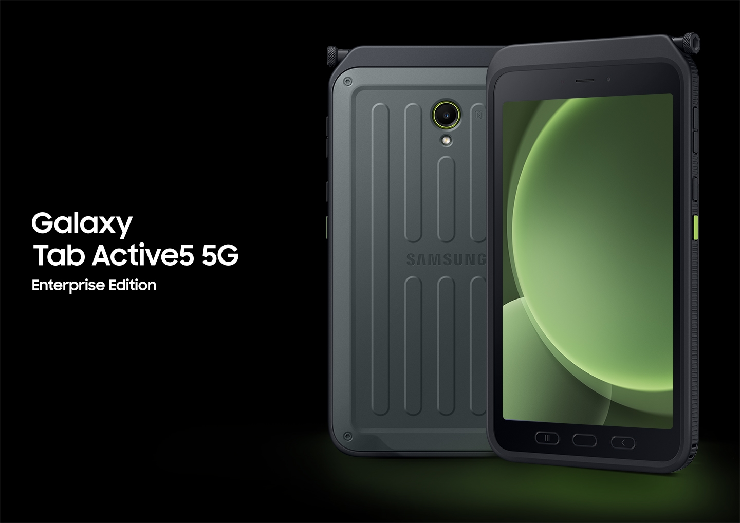 Gezeigt werden zwei Galaxy Tab Active5 5G. Das linke Galaxy Tab zeigt die Rückseite, das Rechte die Vorderseite mit grünlich leuchtenden Kreisformen auf dem Bildschirm.