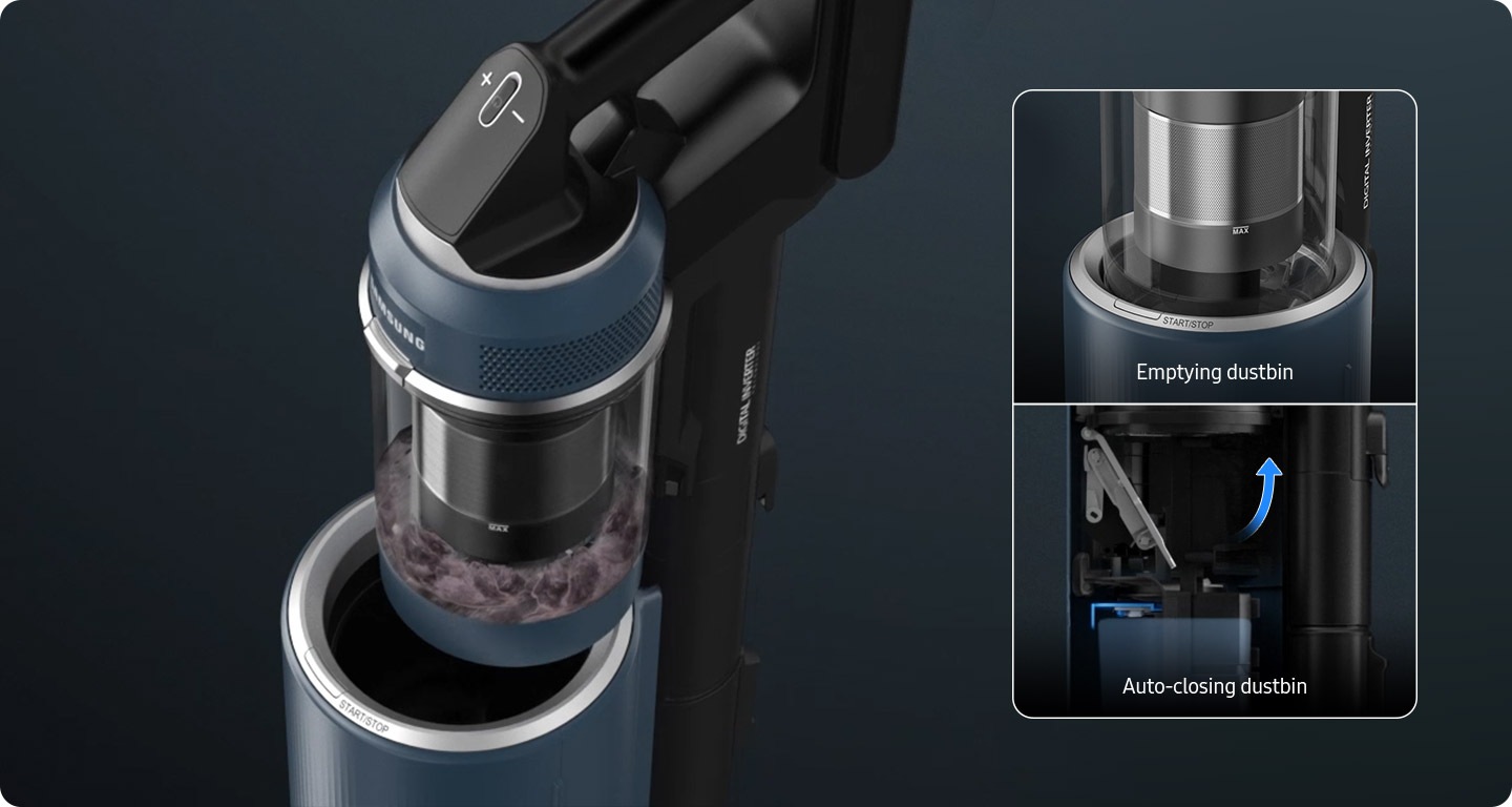 Pasul 1. Faceți clic pe buton. Un Bespoke Jet plus cu un recipient de praf plin este plasat pe stația de curățare multifuncțională. Cu o singură atingere, praful cade în stația de curățare. Pasul 2. Golirea recipientului de praf. Dungile albastre ilustrează aspirația puternică. Pasul 3. Coș de gunoi cu închidere automată. Apare o certificare care indică capacitatea SLG Dust de a reține 99,999%** din praful fin.