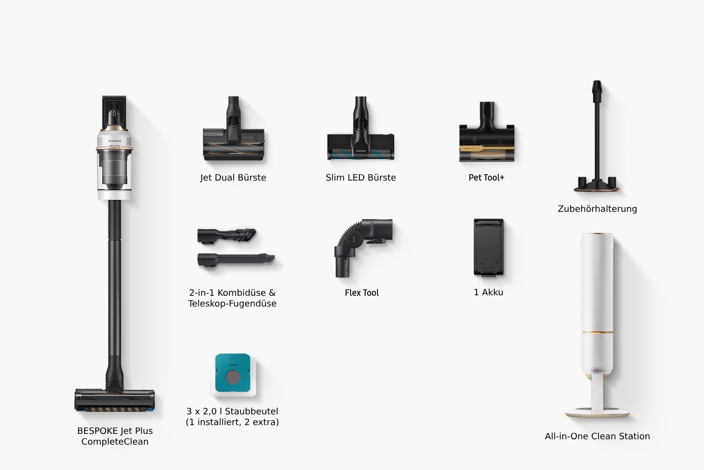 Componentele incluse în cutie includ Bespoke Jet Plus Pet, peria dublă Jet, instrumentul Pet Tool+, instrumentul combinat și duza pentru spații înguste cu rază lungă de acțiune, instrumentul Flex, saci de praf (1 instalat, 2 suplimentari), 1 baterie, suport pentru accesorii, stație de curățare multifuncțională.