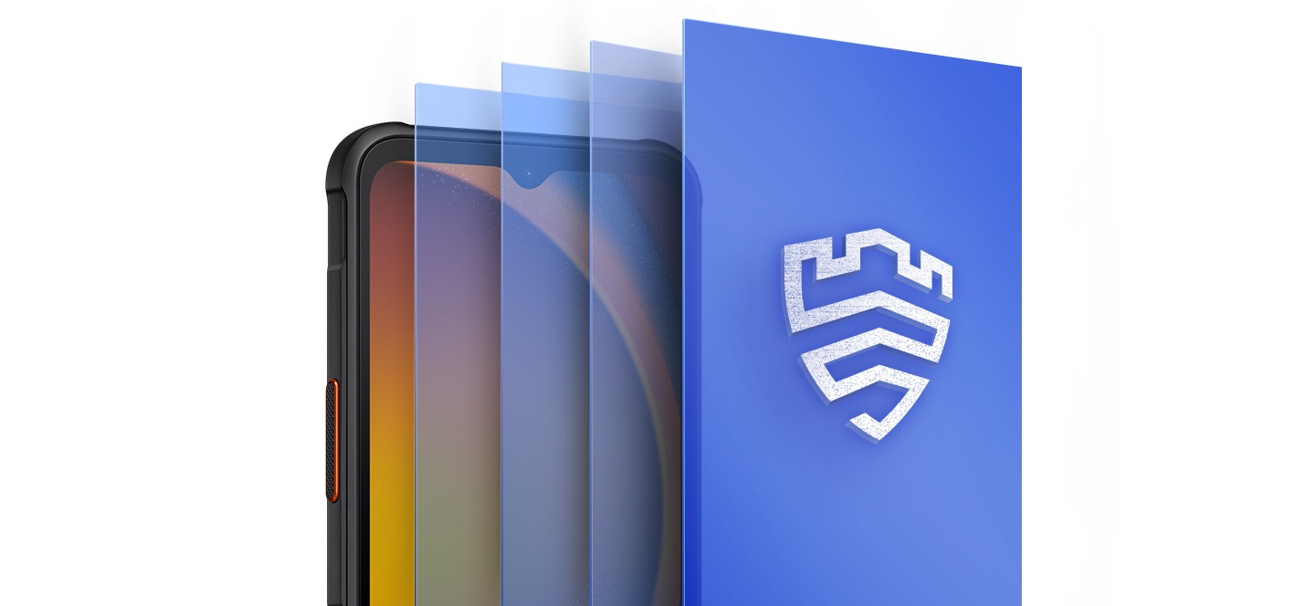 Die obere Hälfte des Galaxy XCover7-Displays ist auf der linken Seite zu sehen. Vom Display ragen vier bläuliche Ebenen nach rechts ab. Auf der äußersten rechten Ebene ist das Samsung Knox-Logo zu sehen.