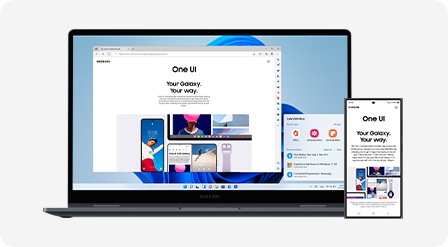 Galaxy Book4 360 und Galaxy S24 Ultra nebeneinander platziert. Eine Webseite wird auf dem Display des Galaxy S24 Ultra geöffnet und auch auf dem Bildschirm des Galaxy Book4 360 angezeigt, um zu verdeutlichen, dass die beiden Geräte synchronisiert sind.