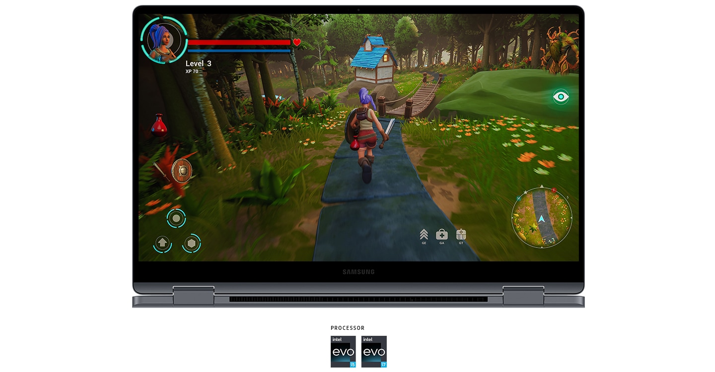 Das Galaxy Book4 360 in Silver ist nach hinten geklappt und zeigt ein Action-Adventure-Spiel auf dem Bildschirm. Darunter sind die Logos der Prozessoren Intel Evo i5 und Intel Evo i7 abgebildet.