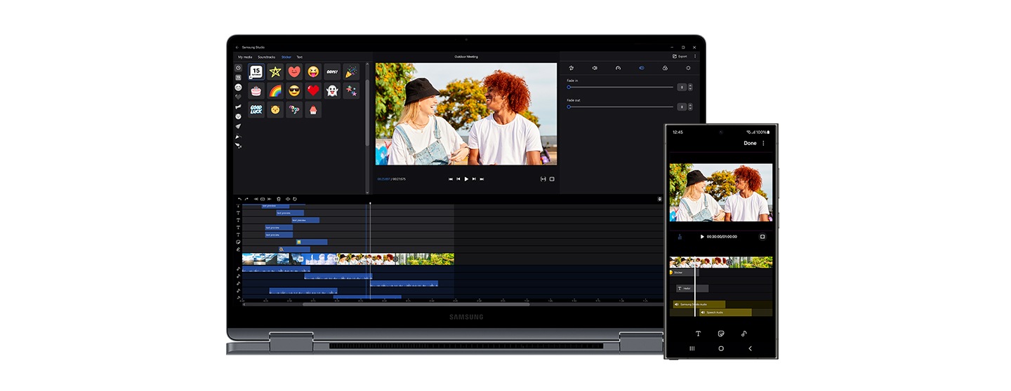 Das Galaxy Book4 360 und das Galaxy S24 Ultra nebeneinander mit geöffneter Samsung Studio App auf dem Display und demselben Videoinhalt, der auf beiden Geräten bearbeitet wird.