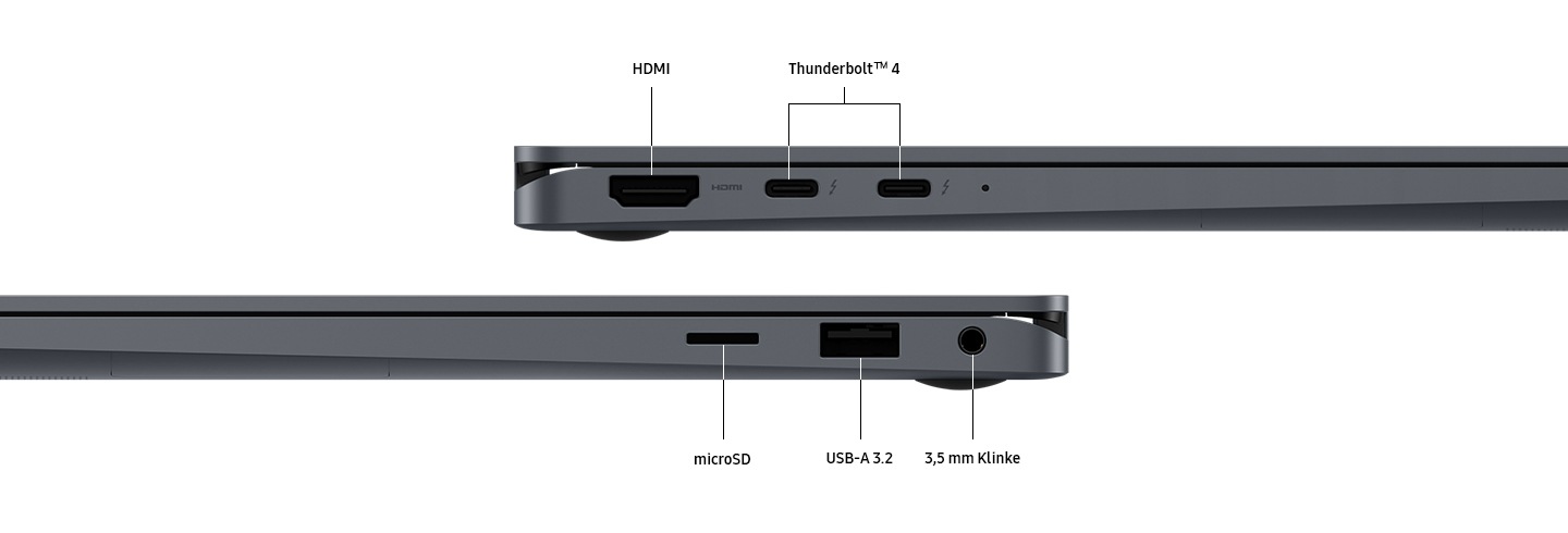 Zwei Galaxy Book4 360 in Gray sind in der linken und rechten Seitenansicht zu sehen, um die Anordnung der Anschlüsse zu verdeutlichen. Die Anschlüsse sind mit HDMI beschriftet. THUNDERBOLT 4. MICRO SD. USB 3.2 TYP-A. 3.5PI HP/MIC.