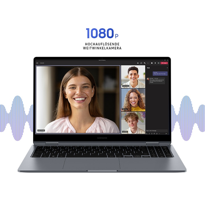 Vorderansicht des Galaxy Book4 360 in Gray, geöffnet und nach vorne gerichtet, mit geöffneter Microsoft Teams App im Vollbildmodus und vier Personen in einem Videoanruf. Hochauflösende 1080p-Weitwinkel-Kamera.
