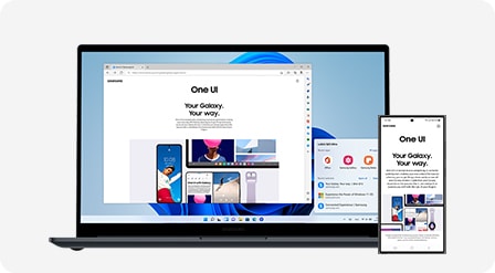 Galaxy Book4 und Galaxy S24 Ultra nebeneinander platziert. Eine Webseite wird auf dem Bildschirm des Galaxy S24 Ultra geöffnet und auch auf dem Bildschirm des Galaxy Book4 angezeigt, um zu verdeutlichen, dass die beiden Geräte synchronisiert sind.