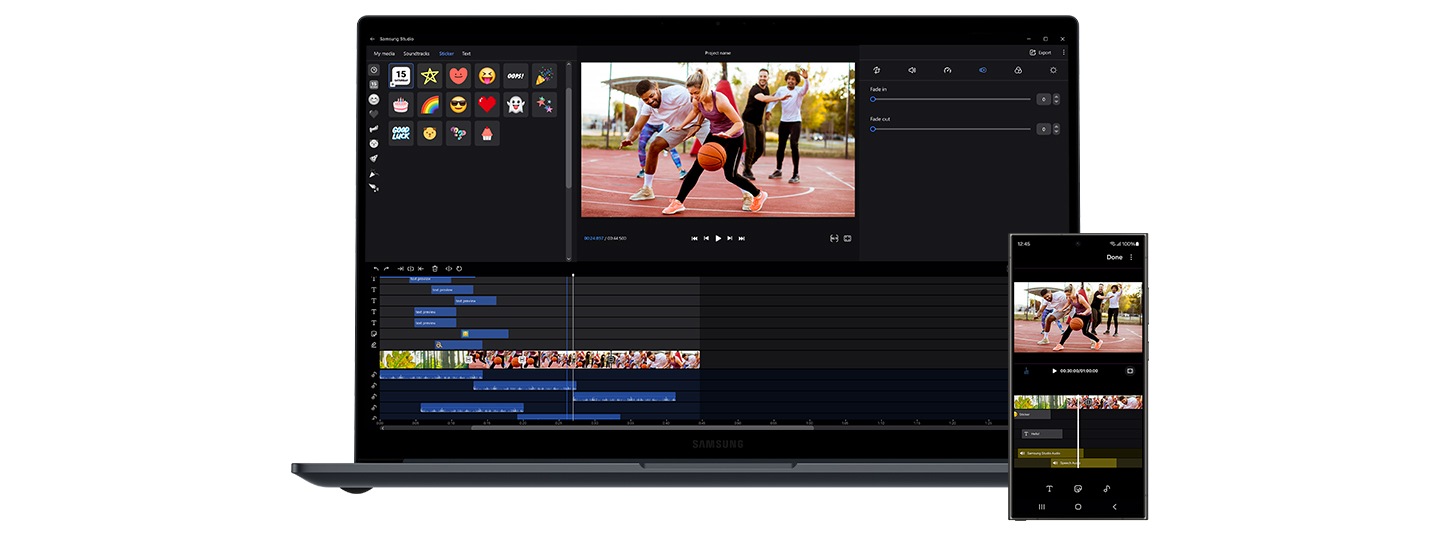 Das Galaxy Book4 in Silver und das Galaxy S24 Ultra nebeneinander, mit geöffneter Samsung Studio App auf dem Bildschirm und demselben Videoinhalt, der auf beiden Geräten bearbeitet wird.