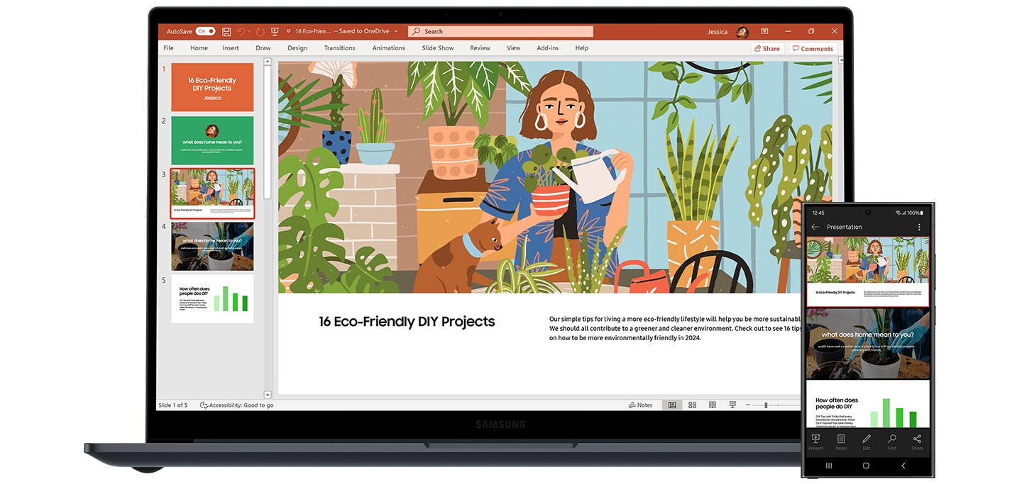 Das Galaxy Book4 in Silver und das Galaxy S24 Ultra sind nebeneinander platziert. Eine farbenfrohe Präsentation, die in der Microsoft PowerPoint-App auf dem Bildschirm des Galaxy S24 Ultra geöffnet ist, wird auf dem Galaxy Book4 im Vollbildmodus angezeigt, um das Ökosystem zwischen den Geräten hervorzuheben.