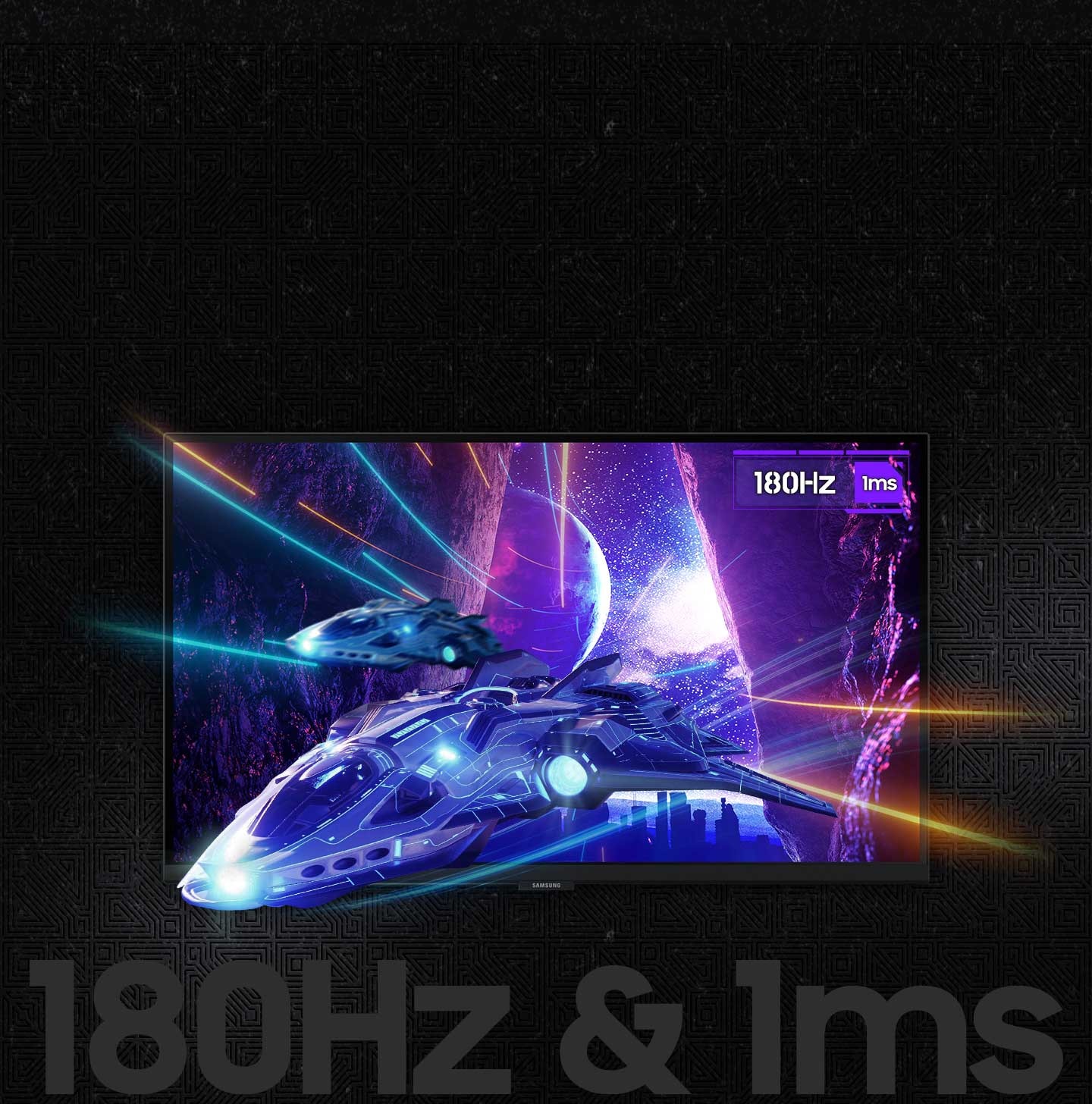 An Odyssey monitor is shown standing on a surface with a spaceship flying away from a nighttime city scene, through a cave, and off the screen. A logo on the top right corner and a text below the monitor communicates the specs: “180Hz refresh rate and 1ms response time”