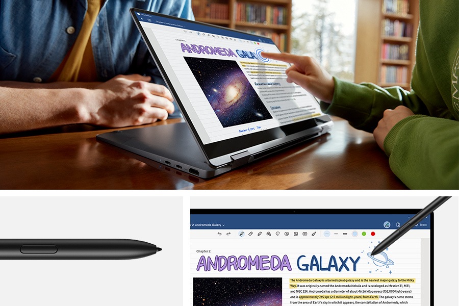 Eine Person verwendet Touch-Gesten, um eine Notiz zu bearbeiten, die in der App Goodnotes auf dem Bildschirm des Galaxy Book4 360 in Gray geöffnet ist, das zur Hälfte nach hinten geklappt und auf einem Schreibtisch abgelegt ist. Nahaufnahme des S Pen mit Hervorhebung der S Pen-Taste und der Spitze des S Pen. Nahaufnahme des S Pen, der zum Zeichnen einer Skizze in einer Notiz verwendet wird, die in der Goodnotes-App auf dem Bildschirm des Galaxy Book4 360 geöffnet ist.