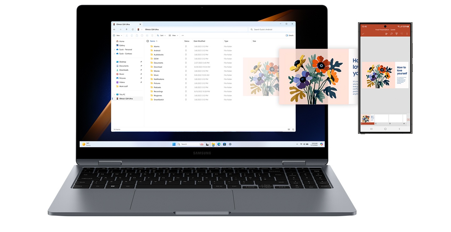 Galaxy Book4 360 in Gray und Galaxy S24 Ultra nebeneinander platziert. Eine farbenfrohe Präsentation, die in der Microsoft PowerPoint-App auf dem Galaxy S24 Ultra geöffnet ist, wird zusammen mit anderen Ordnern vom Galaxy Book4 360 über den File Explorer aufgerufen.