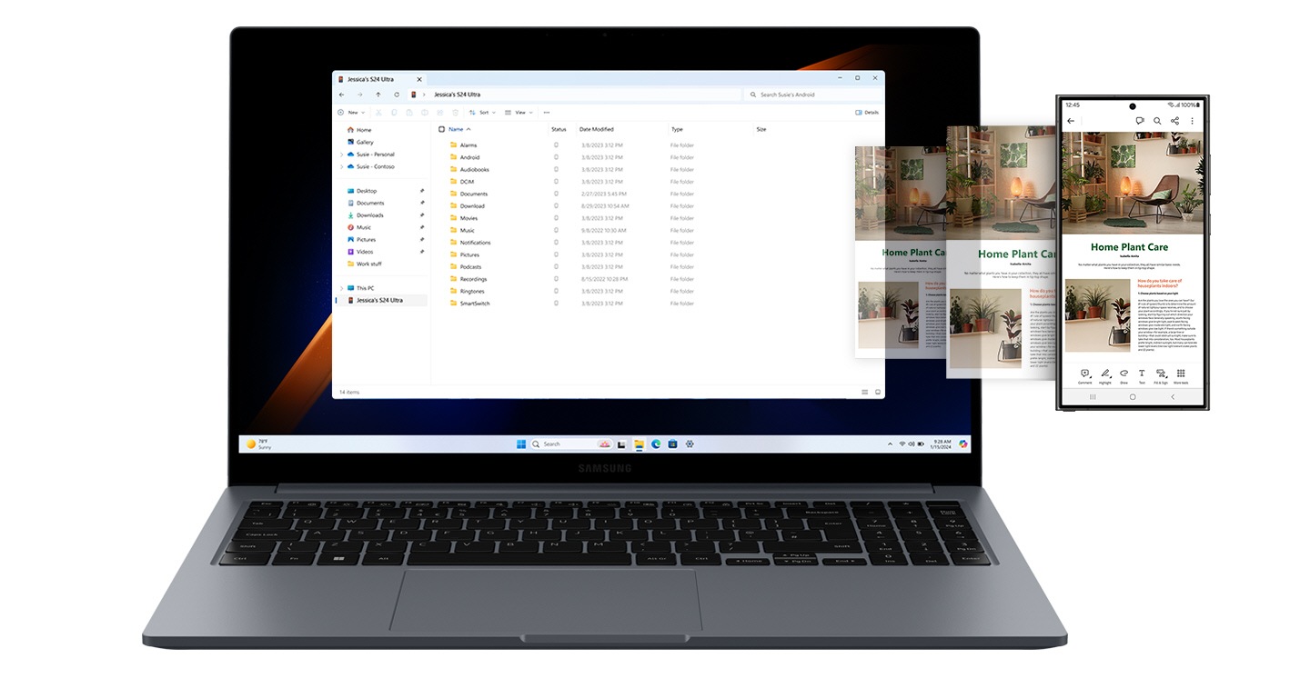 Galaxy Book4 in Gray und Galaxy S24 Ultra nebeneinander platziert. Ein Dokument mit Bildern und Text, das in der Adobe Acrobat-App auf dem Galaxy S24 Ultra geöffnet ist, wird zusammen mit anderen Ordnern vom Galaxy Book4 über den File Explorer aufgerufen.