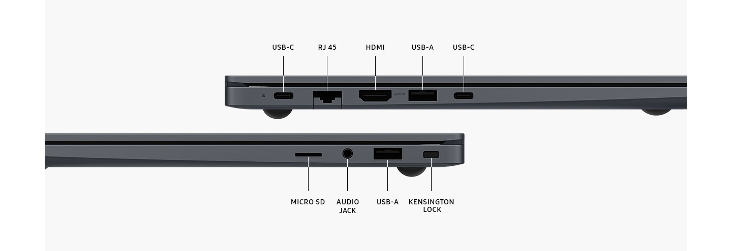 Zwei Galaxy Book4 in Gray sind auf der linken und rechten Seite abgebildet, um die Anschlüsse zu verdeutlichen. Die Ports sind mit USB-C beschriftet. RJ 45. HDMI. USB-A. MICRO SD. AUDIO-BUCHSE. KENSINGTON-SCHLOSS.