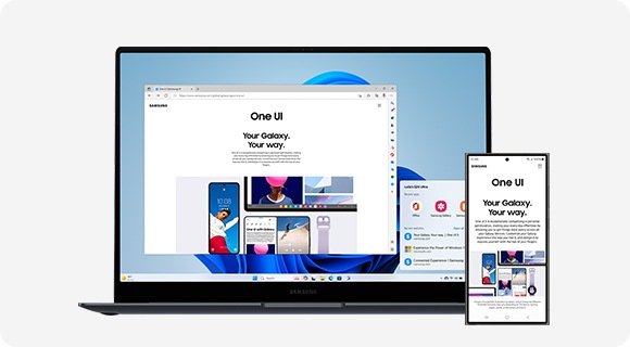 Galaxy Book4 Pro und Galaxy S24 Ultra nebeneinander platziert. Eine Webseite wird auf dem Bildschirm des Galaxy S24 Ultra geöffnet und auch auf dem Bildschirm des Galaxy Book4 Pro angezeigt, um zu verdeutlichen, dass die beiden Geräte synchronisiert sind.