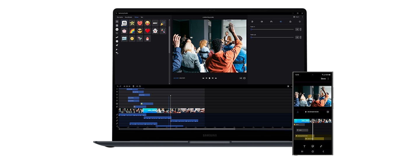 Ein Galaxy S24 Ultra und ein Galaxy Book4 Pro sind nebeneinander platziert, mit geöffneter Samsung Studio-App auf dem Bildschirm und demselben Videoinhalt, der auf beiden Geräten bearbeitet wird.