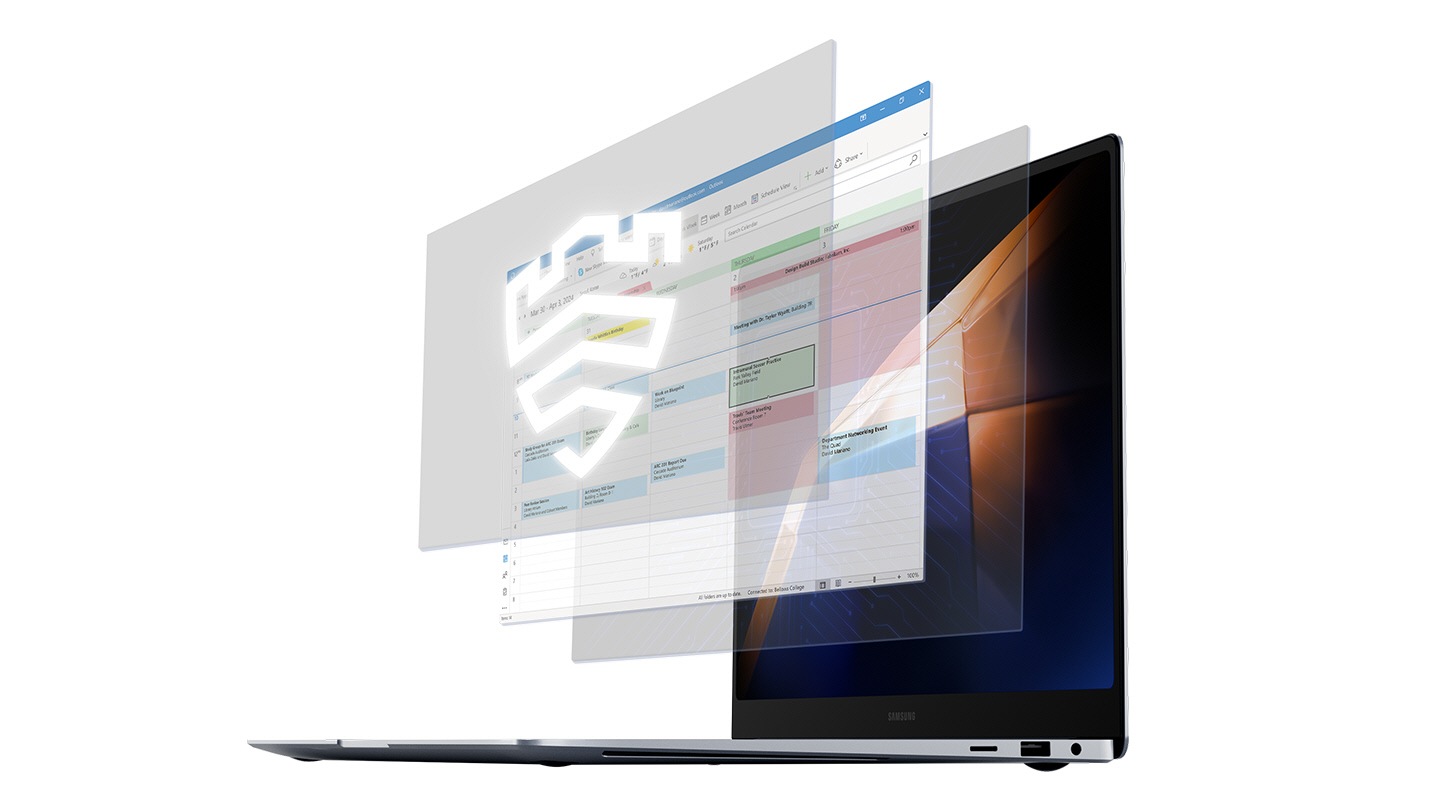 Das Galaxy Book4 Pro ist geöffnet und zeigt nach links mit einem dunklen Hintergrundbild auf dem Bildschirm. Das Fenster der App Microsoft Outlook Kalender und zwei weitere Ebenen von Bildschirmfenstern werden oben auf dem Bildschirm des Geräts angezeigt. Vorne wird das Samsung Knox-Logo angezeigt.