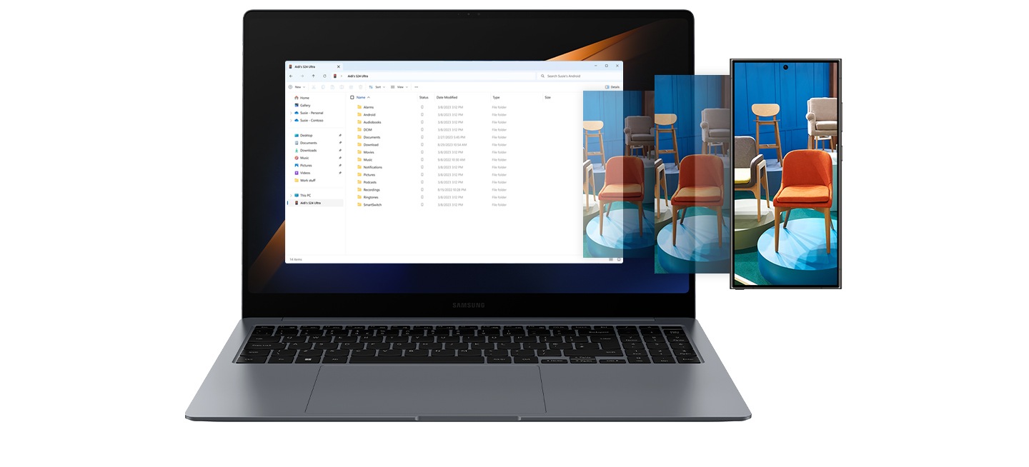 Ein Galaxy Book4 Pro und Galaxy S24 Ultra sind nebeneinander platziert. Auf ein farbiges Bild, das im Vollbildmodus auf dem Galaxy S24 Ultra geöffnet ist, wird zusammen mit anderen Ordnern vom Galaxy Book4 Pro über den File Explorer zugegriffen.