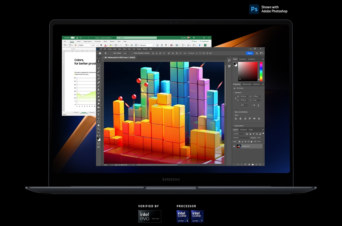 Das Galaxy Book4 Pro in Moonstone Gray ist geöffnet und zeigt nach vorne, wobei die Fenster der Anwendungen Adobe Photoshop und Microsoft Excel auf dem Bildschirm geöffnet sind. Das Adobe Photoshop-Logo sowie die Logos 'VERIFIZIERT DURCH Intel Evo Edition', 'Intel Core Ultra 5' und 'Intel Core Ultra 7 PROZESSOR' sind zu sehen.
