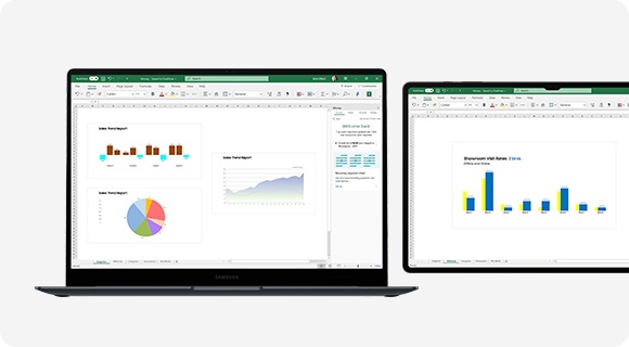 Auf dem Galaxy Book4 Pro ist eine Microsoft Excel-Tabelle geöffnet und auf dem Galaxy Tab S9 Ultra wird der Bildschirm erweitert, um das Dual-Bildschirm-Erlebnis mit Second Screen hervorzuheben.