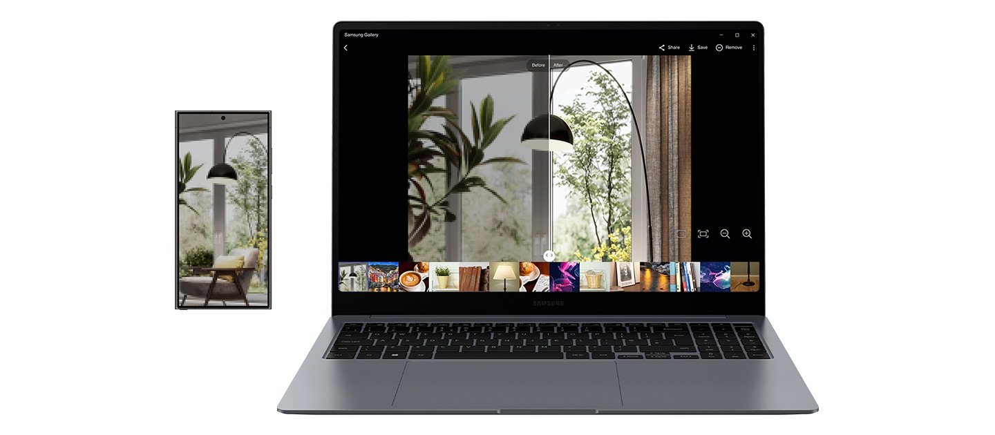 Ein Bild einer Hauseinrichtung, das auf dem Galaxy S24 Ultra im Vollbildmodus angezeigt wird, ist in der Samsung Gallery App auf dem Galaxy Book4 Pro geöffnet und wird mit dem Photo Remaster Tool neu bearbeitet. Das Bild auf dem Bildschirm wird durch einen Schieberegler in zwei Hälften geteilt – die linke Seite zeigt das Bild vor der Bearbeitung und die rechte Seite zeigt das neu bearbeitete Bild mit verbesserter Qualität.