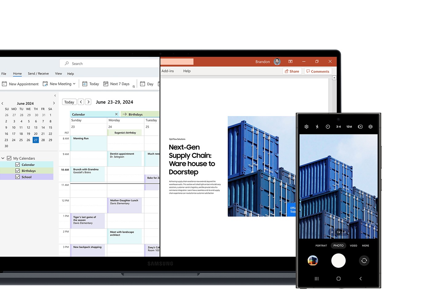 Das Galaxy Book4 Pro in Platinum Silver mit den geöffneten Apps Microsoft Outlook Kalender und Microsoft PowerPoint und das Galaxy S24 Ultra sind nebeneinander platziert. Ein Foto von Lagerhallen in der Kamera-App auf dem Galaxy S24 Ultra wird kopiert und in die auf dem Galaxy Book4 Pro geöffnete Präsentationsdatei eingefügt, um das geräteübergreifende Ökosystem hervorzuheben.
