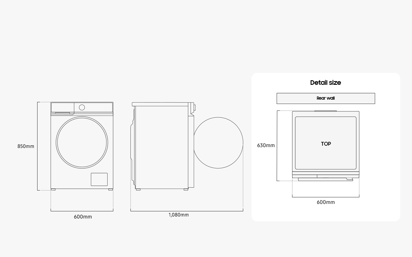 Illustration shows the Washer’s dimensions from the front, side, and top. Detail size is measured 600mm in width, 850mm in height, and 630mm in depth. When the door in the front is opened, it measures 1,080mm in total width. The washer must be installed with some spacing from the rear wall.