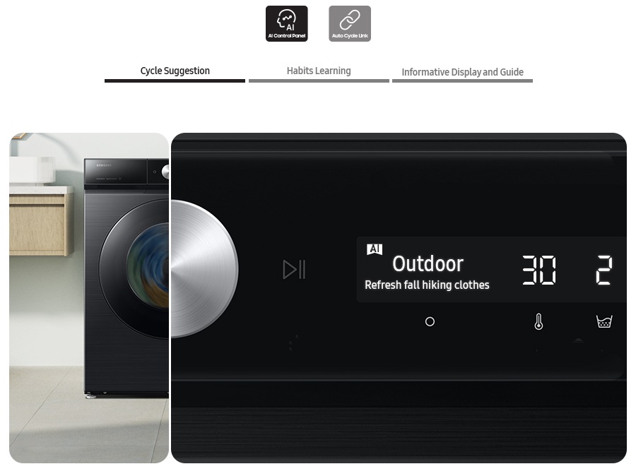 Είναι επιλεγμένο το εικονίδιο του Πίνακα Ελέγχου Τεχνητής Νοημοσύνης. Ο πίνακας ελέγχου του πλυντηρίου ρούχων με τεχνητή νοημοσύνη εμφανίζει την πρόταση κύκλου, την εκμάθηση συνηθειών, την ενημερωτική οθόνη και τον οδηγό. Είναι επιλεγμένο το εικονίδιο σύνδεσης αυτόματου κύκλου. Δύο σετ πλυντηρίων και στεγνωτηρίων τοποθετούνται διαφορετικά σε δύο ξεχωριστούς χώρους διαβίωσης. Οι κύκλοι στεγνώματος ρυθμίζονται αυτόματα.