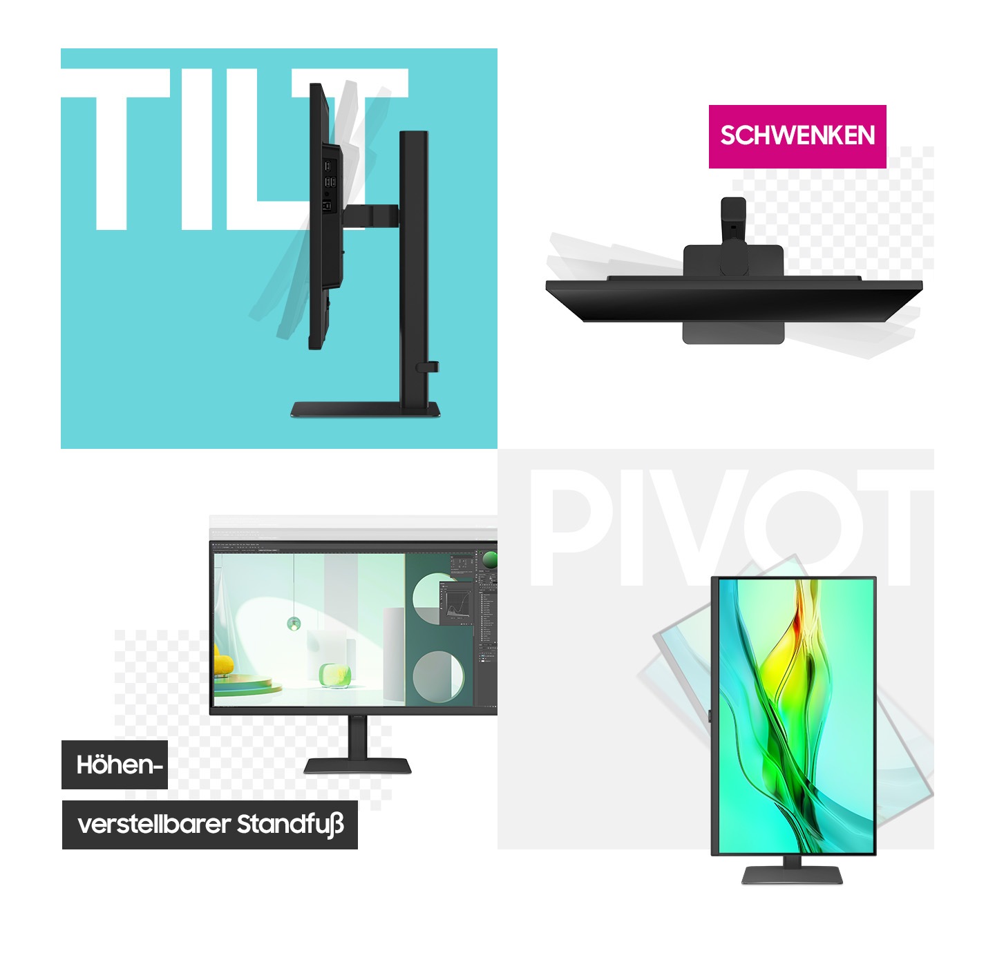 Oben links in einem Raster wird der Monitor von der Seite gezeigt, daneben steht der Text 'TILT'. Der Monitorkopf ist kippend dargestellt. Oben rechts im Raster ist der Monitor von oben nach unten dargestellt, daneben steht das Wort 'Swivel'. Der Monitor ist schwenkbar dargestellt. Die linke untere Ecke des Rasters zeigt die Vorderseite des Monitors auf seinem Ständer mit der Aufschrift 'Höhenverstellbarer Ständer'. Die untere rechte Seite des Rasters zeigt den Monitor in vertikaler Ausrichtung, mit dem Text 'Pivot' über ihm.