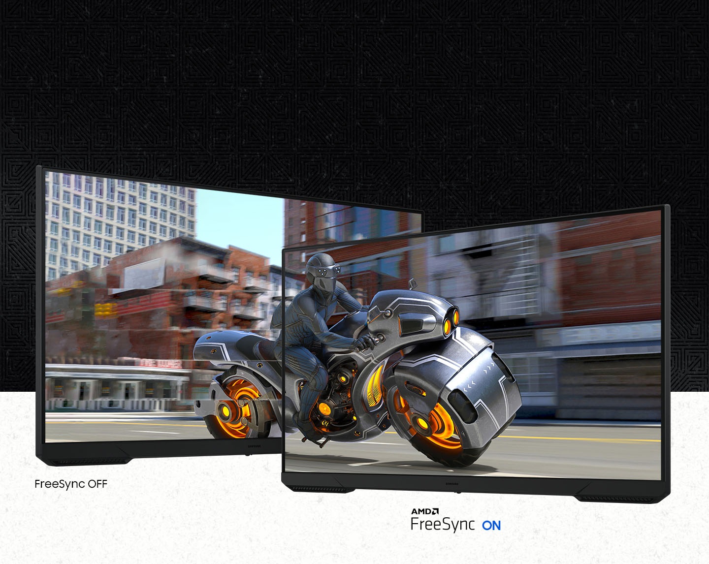 Two monitors side by side show the same person on a motorcycle. The left side is FreeSync Off while the right side is FreeSync On, demonstrating the impact of FreeSync in preventing screen tearing.