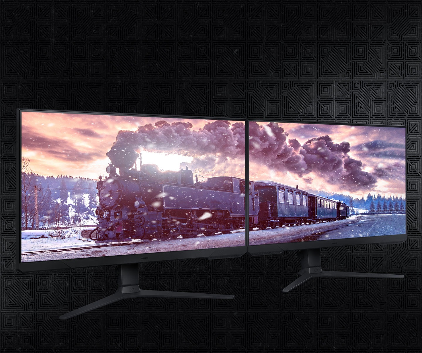 Two monitors are shown side-by-side projecting a cohesive scene of a steam train driving through the snow. The bezels between the left and right monitors are very thin compared to the overall picture, providing the same impression as a single ultra-wide monitor.