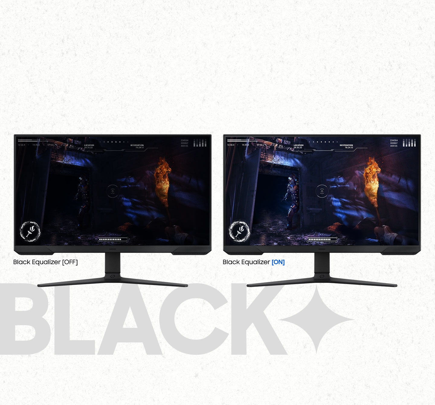 Two monitors are standing side by side. Black Equalizer feature is turned off on the monitor on the left side so it is hard to spot an enemy hiding in the shadow with a fire torch. On the monitor on the right side, black Equalizer feature is turned on so an enemy hiding in the shadow is now visible. A text below the monitor is written “Black”.