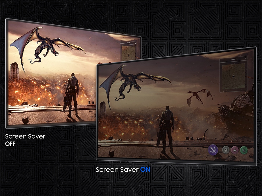 A screen is shown twice, with a man in front of a dragon flying over a battlefield. The left screen is labeled "Screen Saver OFF," showing the screen at full brightness. The right screen, labeled "Screen Saver ON," is dimmer.