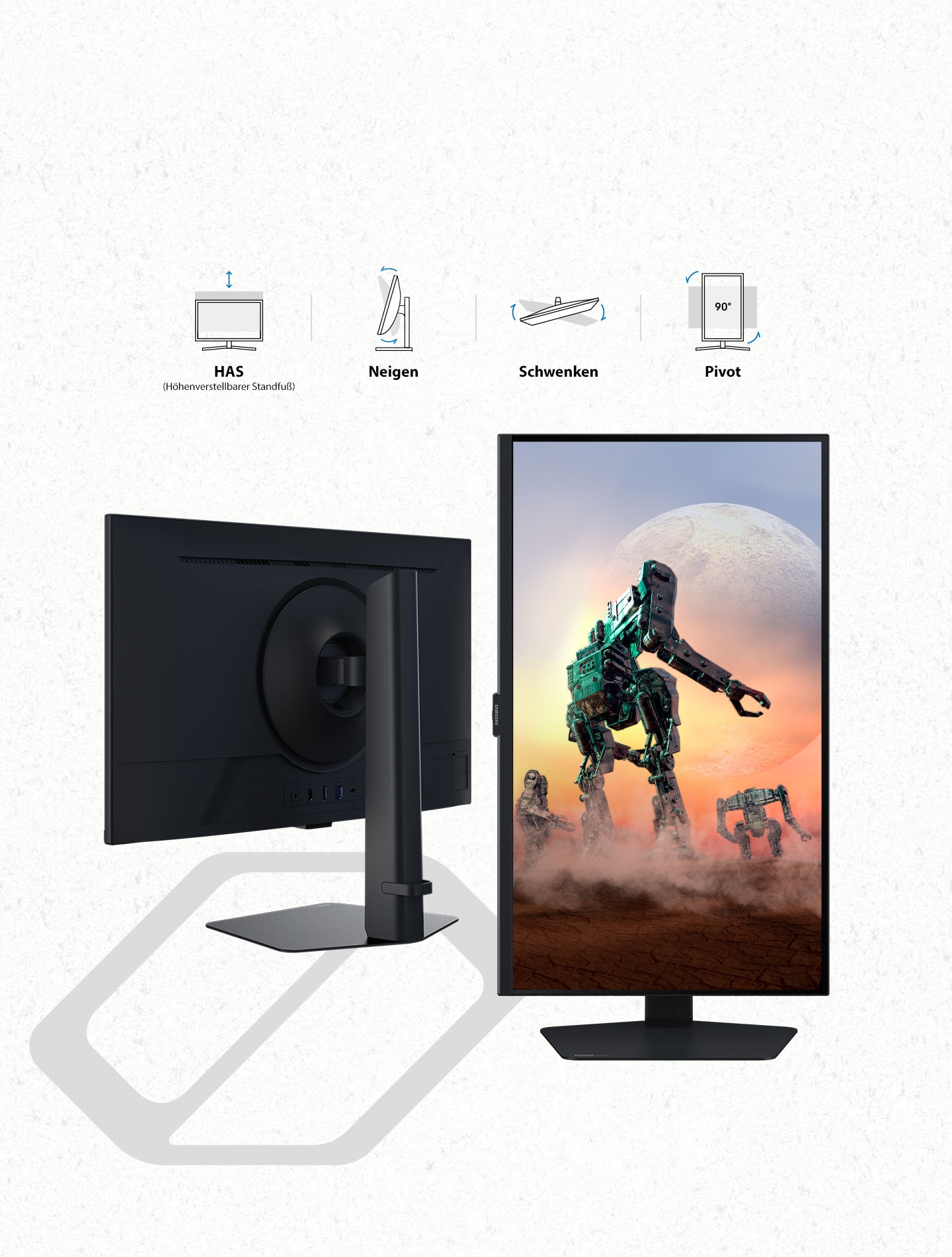 Two monitors show off the front and back designs of the G5. The monitor on the left shows the backside of the monitor featuring a stand that can adjust different heights. The monitor on the right has its screen pivoted fully vertical and on the screen shows robots standing on a deserted planet. Above the monitors shows a grid of ergonomic features from HAS(Height Adjustable Stand) and tilt capabilities to the swivel and 90º pivot flexibility. An Odyssey logo is added at the bottom of the monitor on the left.