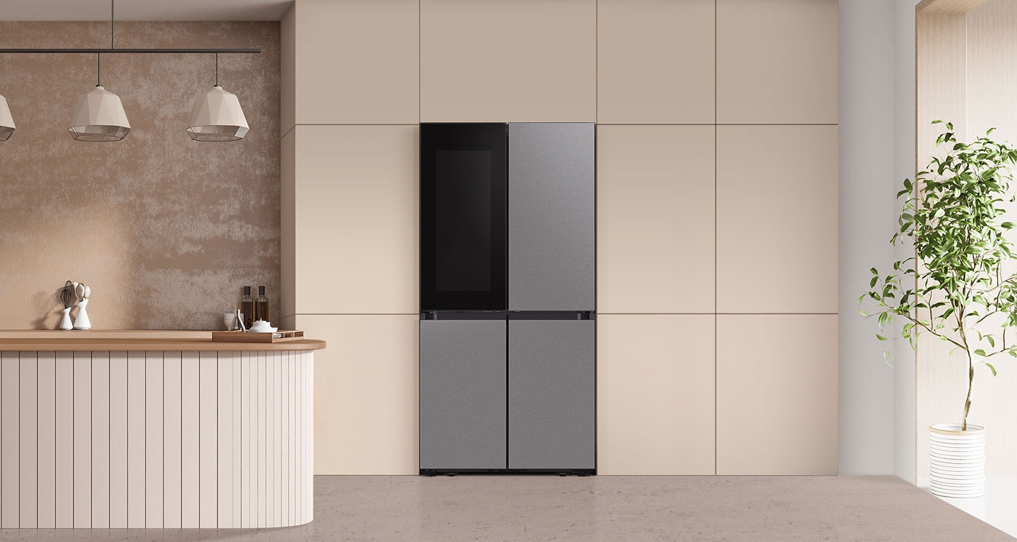 There is a Bespoke refrigerator with a See-Thru Door and Stainless Steel panels in a stylish kitchen.