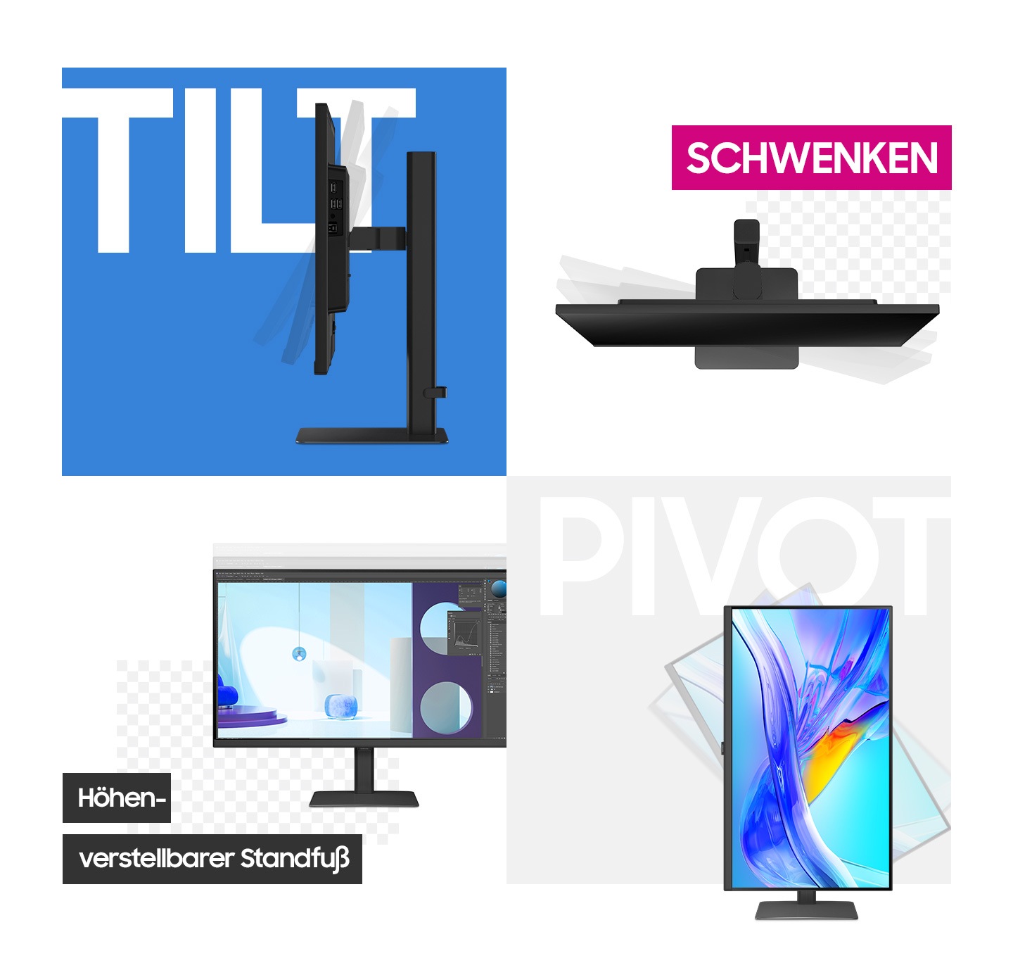 Ergonomische Einstellmöglichkeiten des ViewFinity S8 Monitors: Neigung, Schwenken, Höhe, Pivot