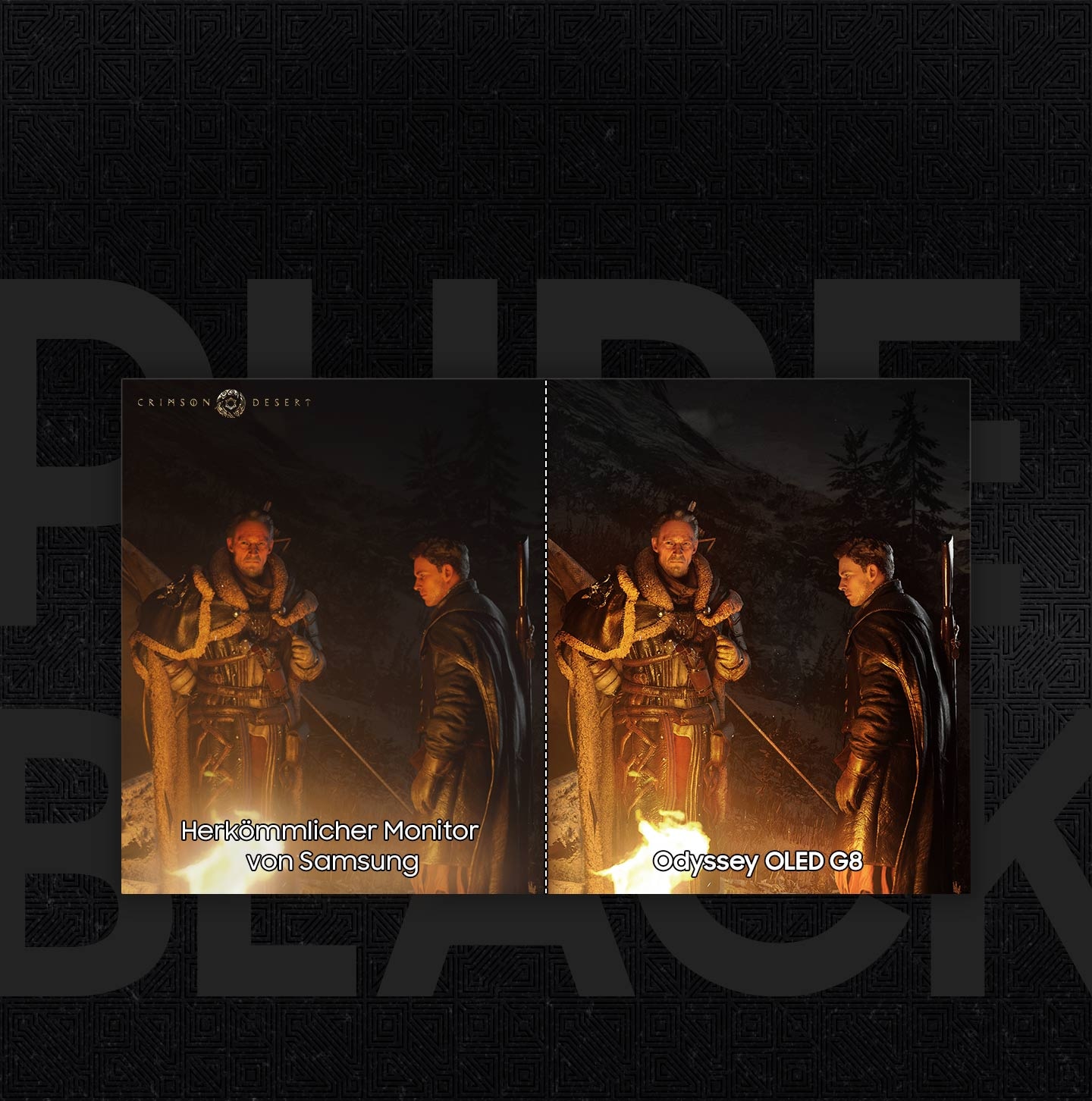 The same image of two men in cloaks around a campfire is shown twice in comparison. On the right, the image labeled "Odyssey G6," the blacks are much darker than the left image labeled "Samsung Conventional Monitor."